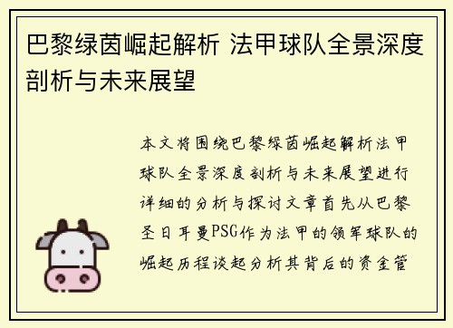 巴黎绿茵崛起解析 法甲球队全景深度剖析与未来展望